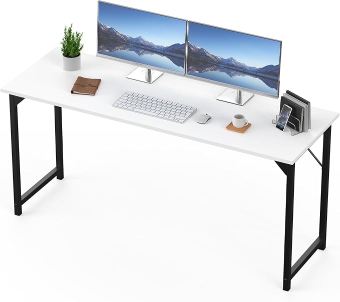 Sweetcrispy Small Computer Office Desk 63 Inch Student Study Writing Work with Metal Frame Wood Tabletop Modern Simple Home Bedroom PC Table with Storage for Study and Work White