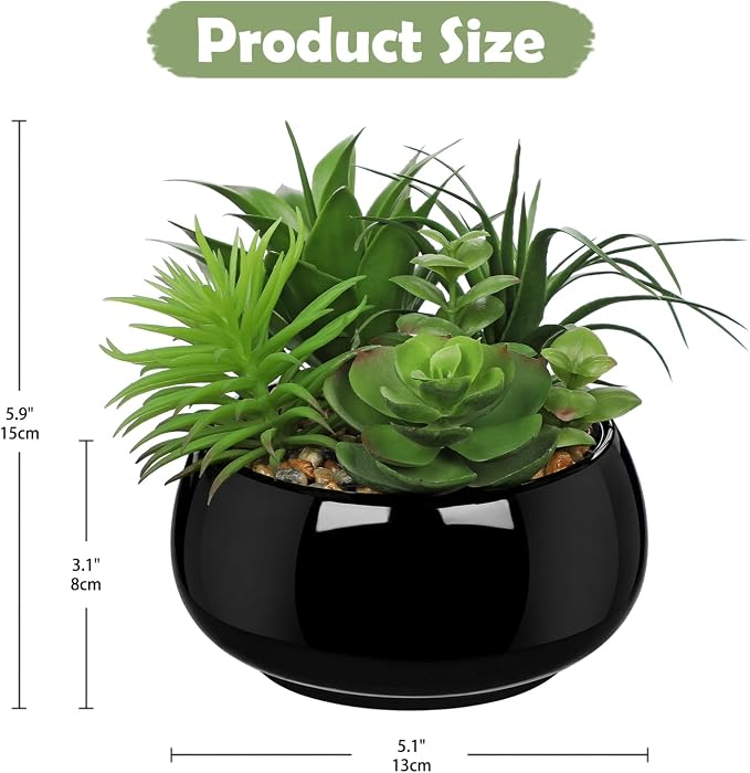Hollyone Artificial Succulents in Pots Fake Plants Faux Succulent Arrangement Potted Plant in Vase Black Ceramic Planter Bowl for Office Desk Bathroom Shelf Living Room Indoor Outdoor Home Decor