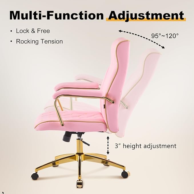 Furniliving Pink and Gold Office Chair, Leather Office Chairs, Adjustable Vanity Chair with Golden Legs and Padded Armrest, Modern Upholstered Computer Chair with Wheels,Pink