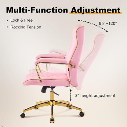Furniliving Pink and Gold Office Chair, Leather Office Chairs, Adjustable Vanity Chair with Golden Legs and Padded Armrest, Modern Upholstered Computer Chair with Wheels,Pink