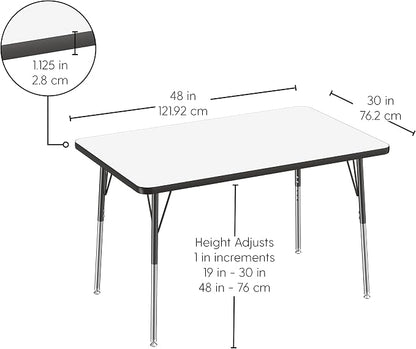 FDP Dry-Erase Rectangle Activity School and Office Table (30 x 48 inch), Standard Legs with Swivel Glides, Adjustable Height 19-30 inches; Quick Ship Single Box - Whiteboard Top and Black Edge