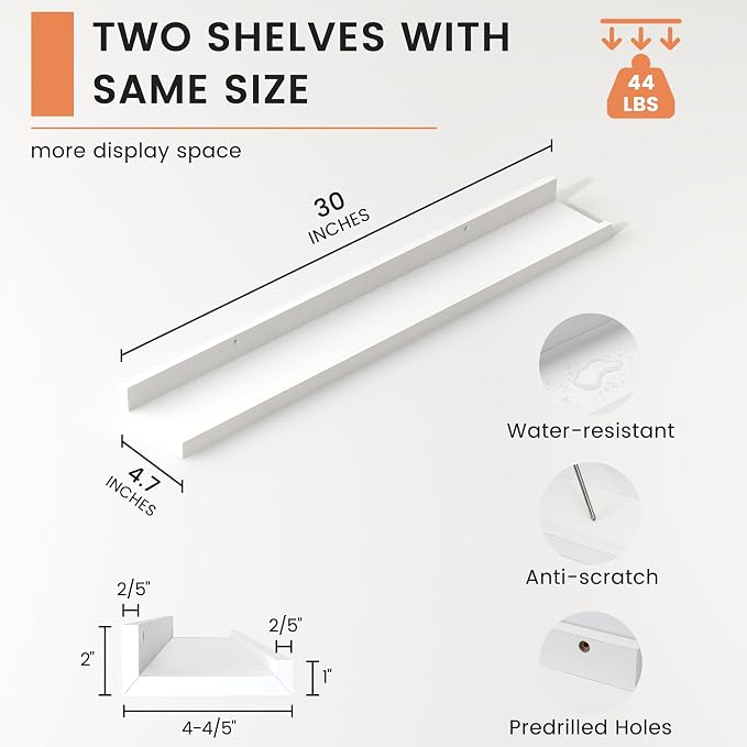 FLYJOE Picture Ledge Shelf, Floating Shelves Set of 2, 30 Inches Nursery Book Shelves for Toys Storage, Kids Bookshelf Wall Mounted for Living Room Bedroom Decor Books Photo Frames, White