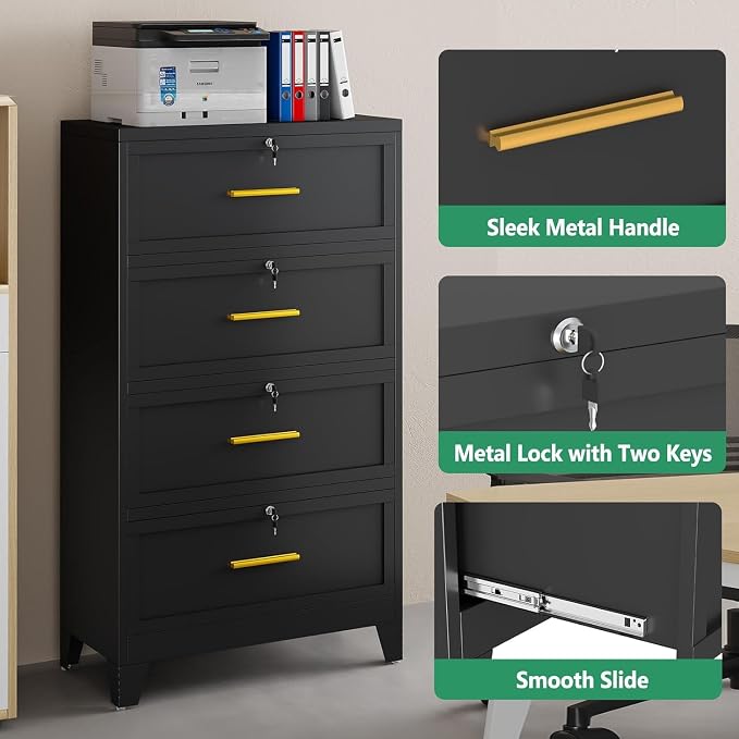 Metal Lateral File Cabinet with Lock,4 Drawer Steel Wide Filing Organization Storage Cabinets,Office Filing Cabinet for Letter/A4/F4 Size with Hanging Files&Key,Lockable Cabinets for Home Office