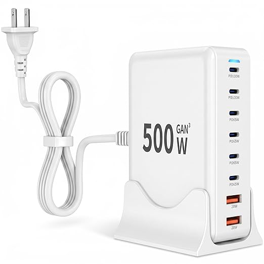 500W USB C Charger Block Charging Station,GaN3 8-Port Fast Charger Block with Dual PD 100W USBC Fast Charging Station Desktop Hub Compatible with iPhone 17 16 15 14/Pro Max/MacBook Pro/Air/iPad(White)