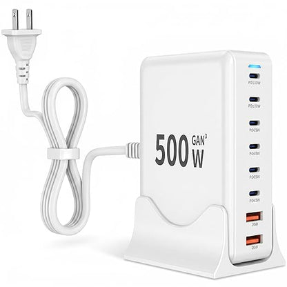 500W USB C Charger Block Charging Station,GaN3 8-Port Fast Charger Block with Dual PD 100W USBC Fast Charging Station Desktop Hub Compatible with iPhone 17 16 15 14/Pro Max/MacBook Pro/Air/iPad(White)