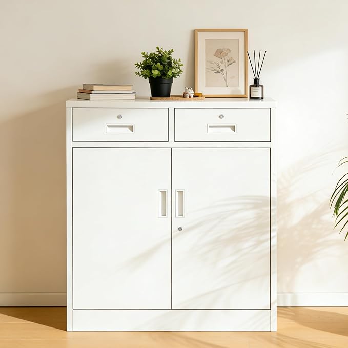 CMY Metal Storage Cabinet with 2 Drawers, 36" H Metal Cabinets with Adjustable Shelf, Locking Storage Cabinet for Office, Garage, Home-White