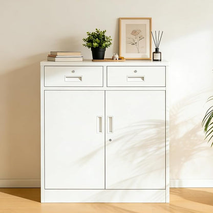 CMY Metal Storage Cabinet with 2 Drawers, 36" H Metal Cabinets with Adjustable Shelf, Locking Storage Cabinet for Office, Garage, Home-White