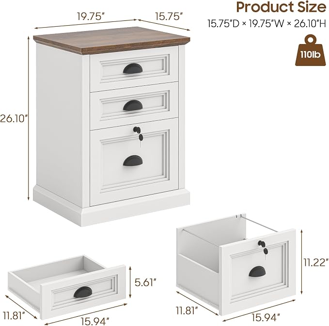 Halitaa Vertical File Cabinet, Filing Cabinet with 3 File Drawers & Lock, Farmhouse Small File Cabinet Fits Letter/A4 Size, Wooden Printer Stand, Home Office Cabinet, White