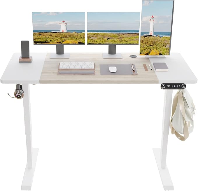 Height Adjustable Electric Standing Desk, 63x30 Height Stand Up Computer Desk,Sit and Stand Home Office Desk with Splice Board (White+Oak Top, White Frame)