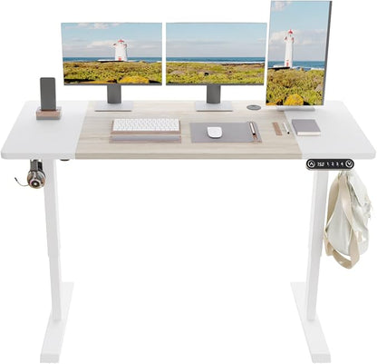 Height Adjustable Electric Standing Desk, 63x30 Height Stand Up Computer Desk,Sit and Stand Home Office Desk with Splice Board (White+Oak Top, White Frame)