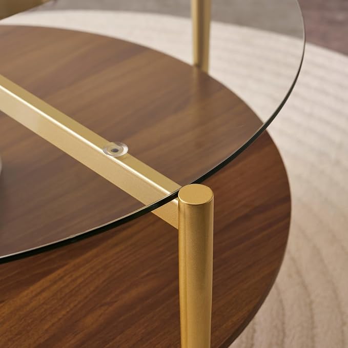 LumFurn Round Coffee Table, Mid-Century Modern Design, D30“ x H17”, for Living Room, 2-Tier Structure, Clear Glass Top and Walnut MDF Shelf, Sleek Conical Metal Legs with Gold Finish