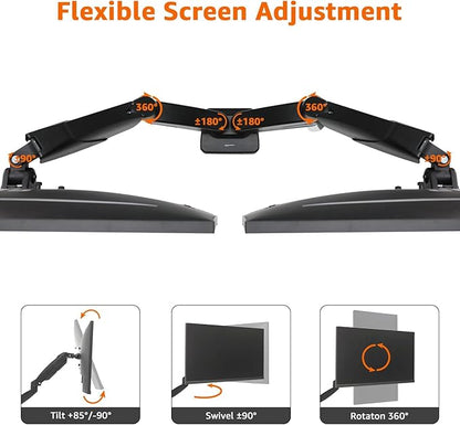 Amazon Basics Gas Spring Dual Monitor Arm Desk Mount, Adjustable Tension, Fits 15–27 Inch Monitors, Supports 4.4–15.4 lbs Each Arm, VESA 75x75/100x100, Black