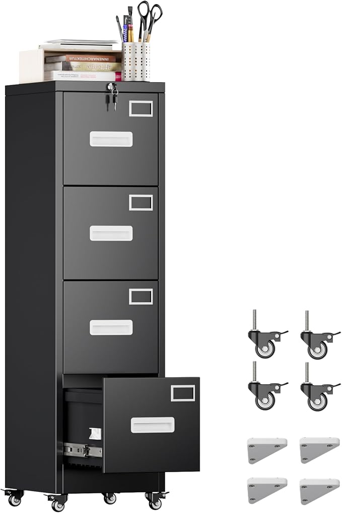 METAN 4 Drawer Metal File Cabinet with Lock, Mobile Heavy Duty Steel Filing Cabinet with Full Extension Rails, for Office Workspaces, Letter Legal Size, Black, Assembly Required