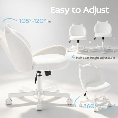 Vanity Chair with Cat Back,Armless Desk Chair Cute Small Office Chair,Teddy Fabric Computer Chair with Adjustable Height,120°Tilting,Rolling,Swivel for Vanity,Kids Room,Office,Bedroom White