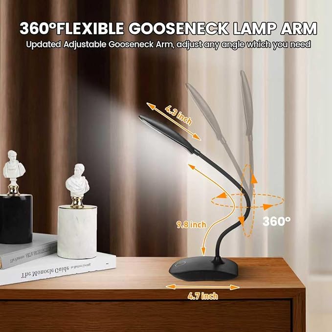Battery Powered Desk Lamp, Portable Lamps Rechargeable 3 Color Mode Touch Control Stepless Dimming, Wireless Desk Lamp with 2000mAh, Small LED Table Light for Dorm Study Office Bedroom- Black (2-PACK)
