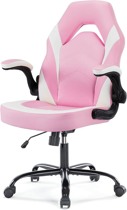 NEWBULIG Gaming Office Computer Chair – Ergonomic Mid-Back with Flip-Up Armrests, Adjustable Height, Lumbar Support & 360° Silent Swivel Wheels, PU Leather for Home/Office, Pink