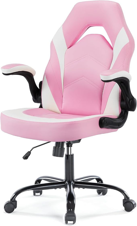 NEWBULIG Gaming Office Computer Chair – Ergonomic Mid-Back with Flip-Up Armrests, Adjustable Height, Lumbar Support & 360° Silent Swivel Wheels, PU Leather for Home/Office, Pink