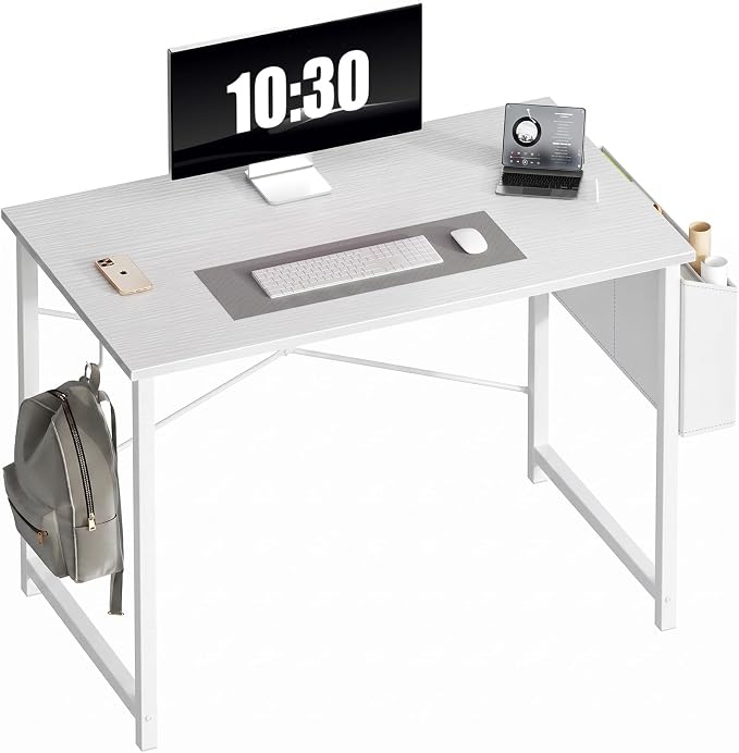 OLIXIS Small Computer Desk, 40 Inch Home Office Desks, Writing Study Craft Work Gaming Table, Computer Workstation for Bedroom Small Spaces with Storage Bag and Headphone Hook, White