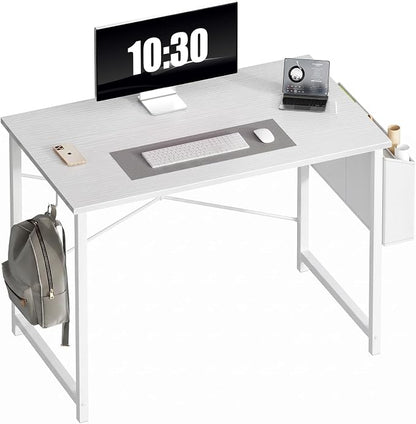 OLIXIS Small Computer Desk, 40 Inch Home Office Desks, Writing Study Craft Work Gaming Table, Computer Workstation for Bedroom Small Spaces with Storage Bag and Headphone Hook, White