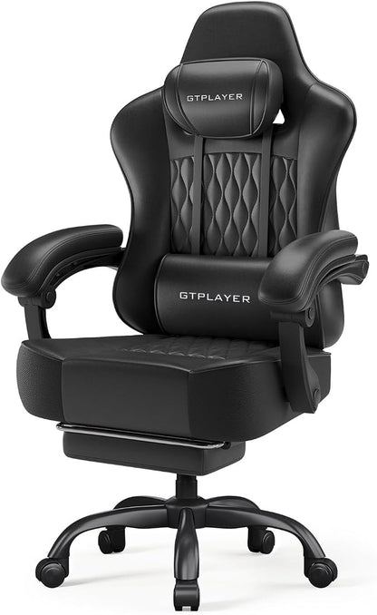 GTPLAYER Big and Tall Gaming Chair with Footrest, Ergonomic Office Desk Chair with 4.4in Thick Cushion and Wide Wingless Seat, Comfortable Leather Computer Chair, Predator Series, Black with Trim