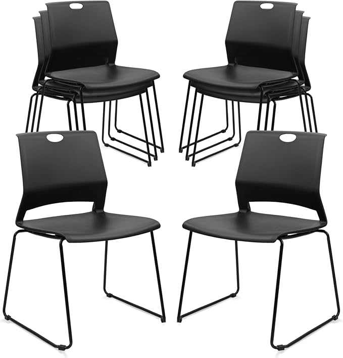 KLASIKA Stackable Guest Reception Chairs, Stacking Office Chair with Ergonomic Lumbar Support & Metal Legs, Plastic Desk Chairs for Conference School Church Waiting Meeting Break Room Set of 8, Black
