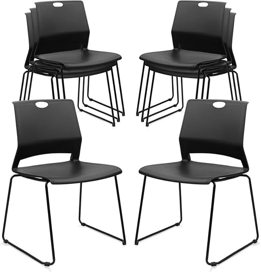 KLASIKA Stackable Guest Reception Chairs, Stacking Office Chair with Ergonomic Lumbar Support & Metal Legs, Plastic Desk Chairs for Conference School Church Waiting Meeting Break Room Set of 8, Black