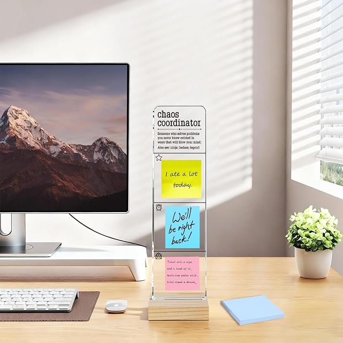 Monitor Memo Board with Removable Wooden Base Acrylic Portable Sticky Note Holder, Chaos Coordinator Acrylic Message Board Sign, Office Desk Desk Set Sticky Notes 100 Sheets