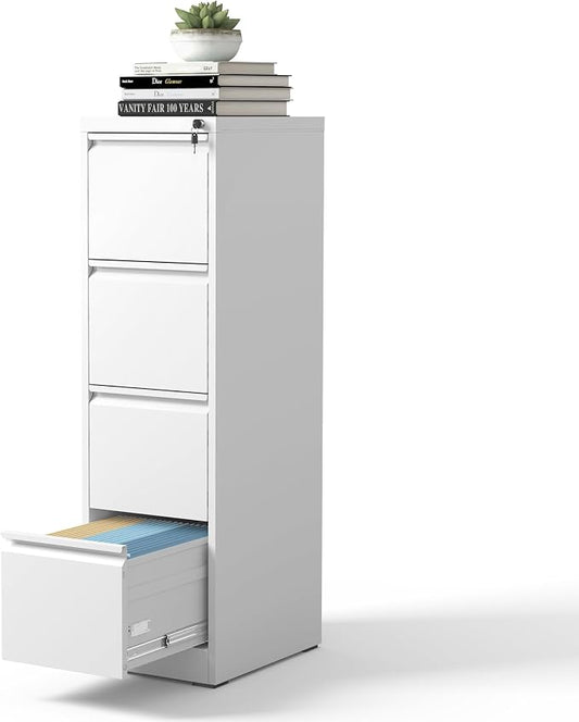 4 Drawer File Cabinet, Metal Vertical Filing Cabinets for Home Office, Steel Storage Cabinet for Hanging Legal/Letter Size Files, Assembly Required (White)