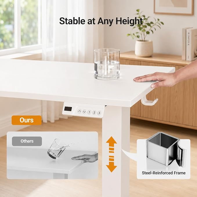 Claiks Electric Standing Desk, 55 x 24 Inch Height Adjustable Sit Stand Desk for Home Office, Computer Desk with Memory Presets, Cable Management & Headphone Hooks, 156 lbs Capacity, White
