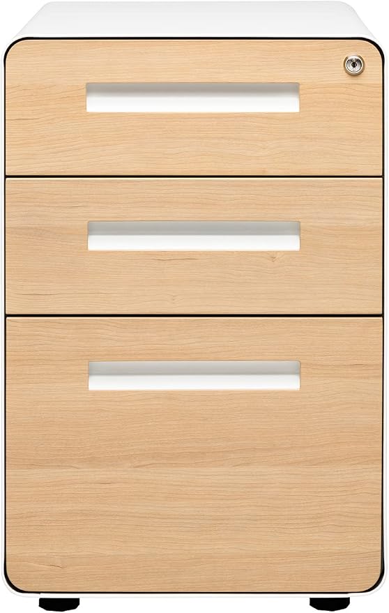 Laura Davidson Furniture Stockpile 3 Drawer File Cabinet with Lock - Under Office Desk Metal Filing Cabinet, Legal/Letter File Folders, Wheels and Stationary Feet, Pre-Assembled, White/Wood