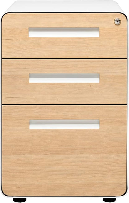 Laura Davidson Furniture Stockpile 3 Drawer File Cabinet with Lock - Under Office Desk Metal Filing Cabinet, Legal/Letter File Folders, Wheels and Stationary Feet, Pre-Assembled, White/Wood