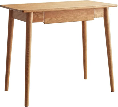 39" Solid Red Oak Writing Desk with Drawer & Tapered Legs – Natural Wood Finish, Mid-Century Modern for Bedroom, Home Office, Study