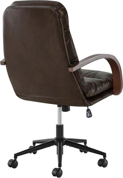 KISLOT Home Office Desk Chair, Ergonomic Office Chair with Lumbar Support, Adjustable Swivel Computer Chair with Wheels, Faux Leather Executive Task Chair with Wood Arms, Espresso