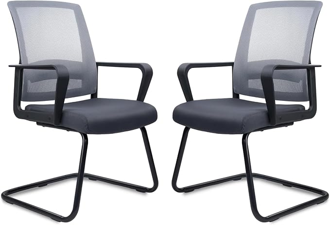 CLATINA Waiting Room Chairs with Armrests and Adjustable Lumbar Support, Breathable Mesh Back Desk Chair No Wheels, Office Guest Chairs & Reception Chair for Conference Room, Grey, 2PK