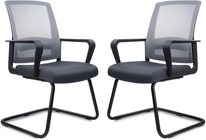 CLATINA Waiting Room Chairs with Armrests and Adjustable Lumbar Support, Breathable Mesh Back Desk Chair No Wheels, Office Guest Chairs & Reception Chair for Conference Room, Grey, 2PK