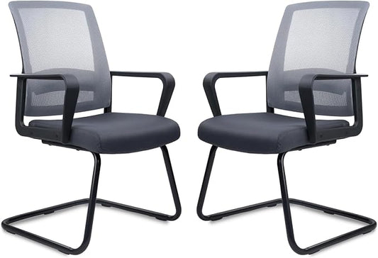 CLATINA Waiting Room Chairs with Armrests and Adjustable Lumbar Support, Breathable Mesh Back Desk Chair No Wheels, Office Guest Chairs & Reception Chair for Conference Room, Grey, 2PK