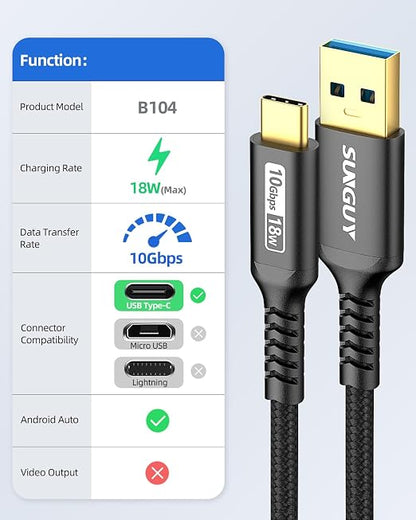 SUNGUY 10Gbps Android Auto USB C Cable, [2-Pack,1.5FT] 3A USB 3.1 Gen 2 Fast Charge & Data Transfer USB C CarPlay Cable, Compatible with iPhone 17/16/15 Pro Max, Galaxy S23 S22 Ultra Note 20, SSD