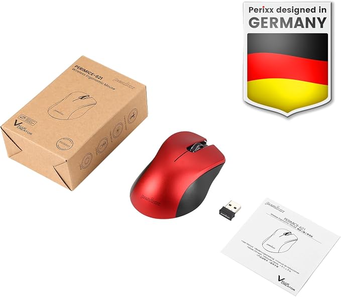 Perixx PERIMICE-621R Wireless Mouse - Silent Click with Ergo Design - Compatible for Desktop and Laptop PC - Wireless 2.4 GHz - Red