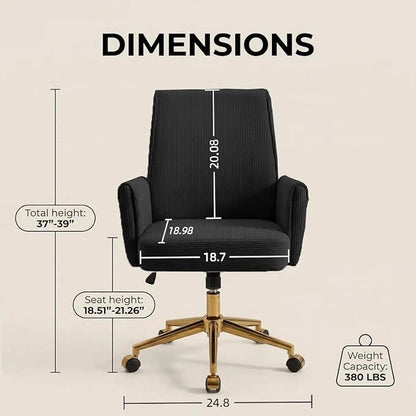 Striped Velvet Office Chair, 360° Swivel Ergonomic Task Chair with High Back, Gold Base and Wheels, Height Adjustable Modern Accent Chair for Home Office, Living Room, Study, Vanity Room (Black)