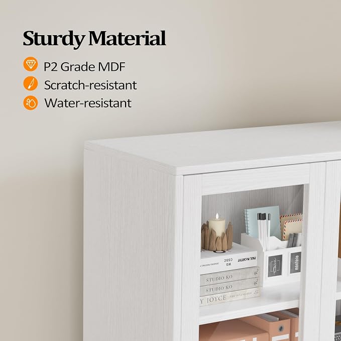 VINGLI Lateral File Cabinet with Glass Doors and 2 Locking Drawers for Hanging File Folders, Bookshelf with Adjustable Shelves for Home Office (White, 30''W x 16''D x 70''H)