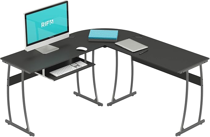 RIF6 L Shaped Modern Computer Home Office Gaming Desk with Keyboard Tray and Cable Management, Easy Assembly, Black