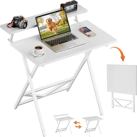 WOHOMO Folding Computer Desk with Adjustable Height, 23.6" x 31.5" x 25.6" Foldable Table with Monitor Stand, Small Office Desk for Bedroom, Space Saving Desk for Home Office, Easy Assemble, White