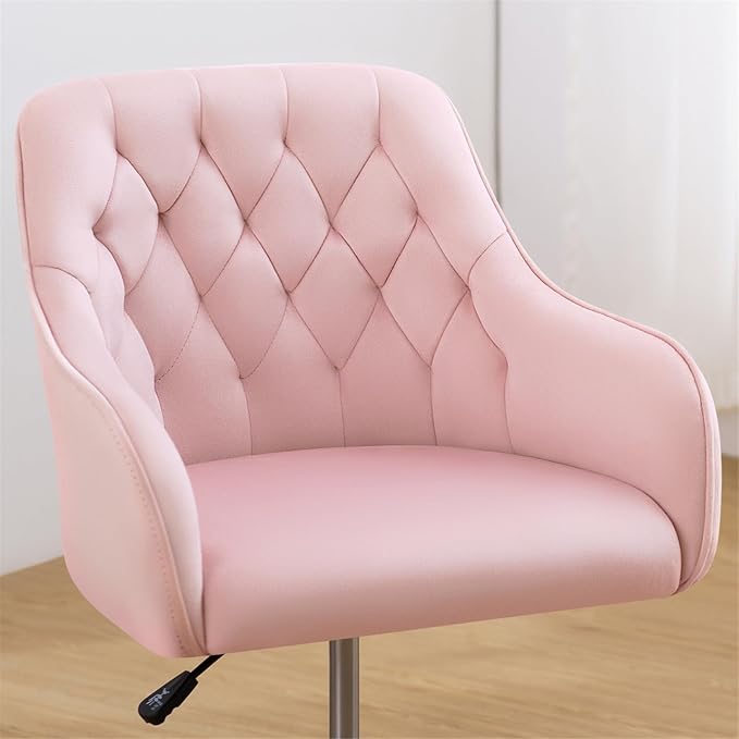 HOFFREE Velvet Office Chair Cute Vanity Chair with Wheels for Bedroom Upholstered Task Chair for Home Office (Pink)