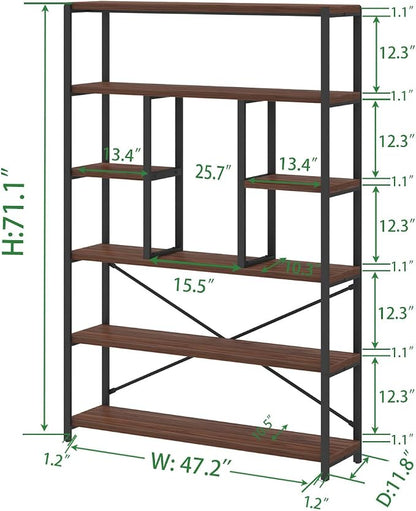 LVB 6 Tier Tall Bookshelf, Wood Metal Bookcases and Book Shelves 6 Shelf, Industrial Large Wide Etagere Book Shelf for Living Room, Vintage Rustic Big Open Bookcase Storage for Bedroom Office, Walnut