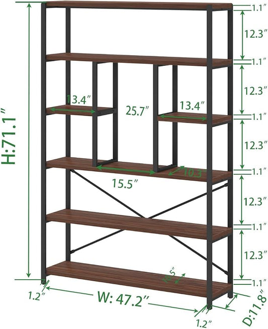LVB 6 Tier Tall Bookshelf, Wood Metal Bookcases and Book Shelves 6 Shelf, Industrial Large Wide Etagere Book Shelf for Living Room, Vintage Rustic Big Open Bookcase Storage for Bedroom Office, Walnut