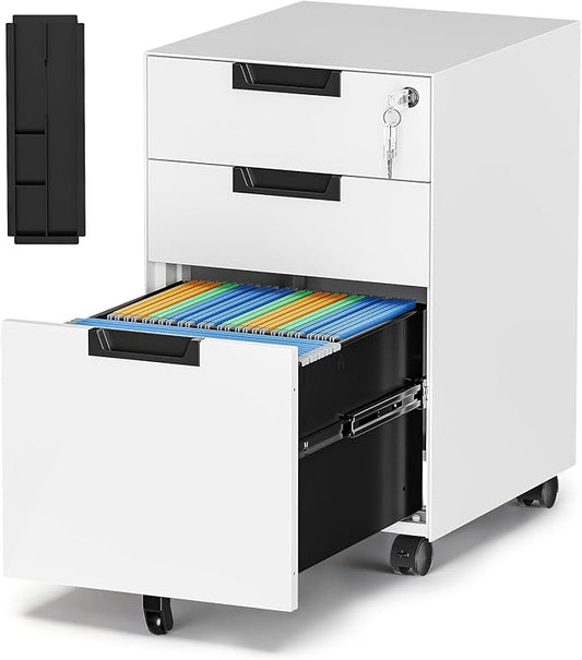 Mobile File Cabinet,3 Drawer Locking Storage Filing Cabinet,Office Metal Storage Cabinet on Wheels for Legal/Letter/A4 File(Fully Assembled，White)
