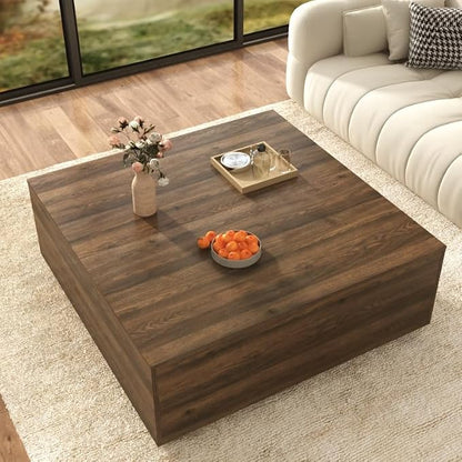 43 Inch Large Square Coffee Table with Storage,Modern Wooden Coffee Tables with 2 Drawers Storage for Living Room,Mid Century Tea Table/Aesthetic Coffee Table Center Table for Home Office(Walnut)