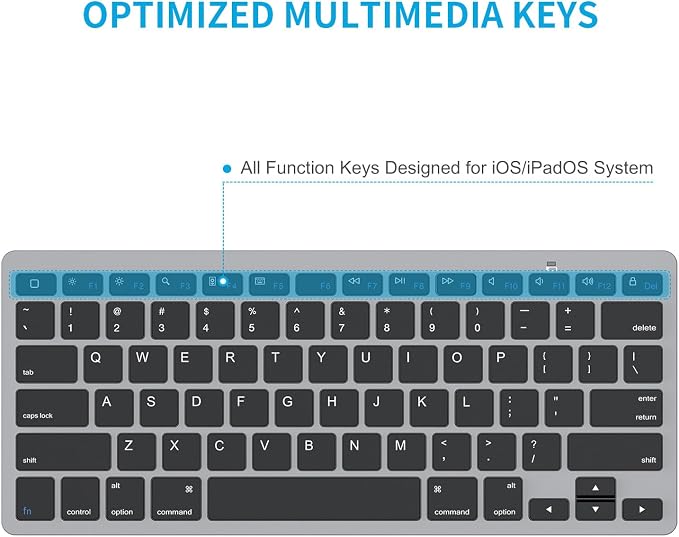 OMOTON Ultra-Slim Bluetooth Keyboard for iPad 11th/10th/9th/8th/7th, iPad Pro/Air/Mini and iPhone Series, Wireless iOS Keyboard with 12 Multimedia Keys for Office, Home, Travel, School, Black Grey
