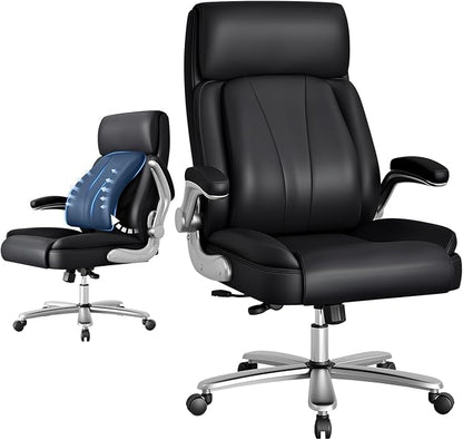Executive Office Chair, Ergonomic Desk Chair, 500lbs Heavy Duty Comfy Computer Chair with Adjustable Lumbar Support, Flip-up Arms, Wide Thick Seat, High Back Office Chair for Back Pain