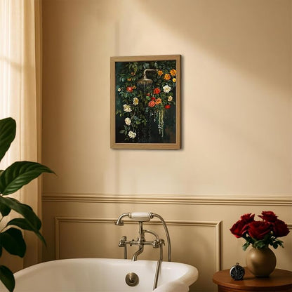 CXQILVER Vintage Framed Floral Bathroom Wall Art Canvas, Green Botanical Flowers Shower Wall Decor, Rustic Farmhouse Bathroom Decor Aesthetic Picture Artwork for Bedroom Living Room Guest Bath 12x16in